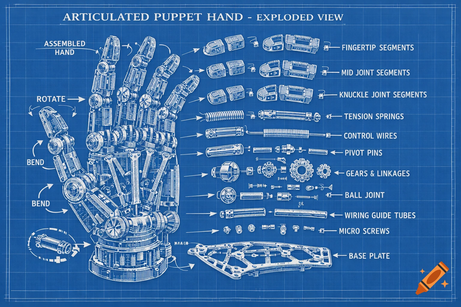 Blueprint diagram of an articulated puppet hand, showing an assembled view and labeled exploded mechanical components.