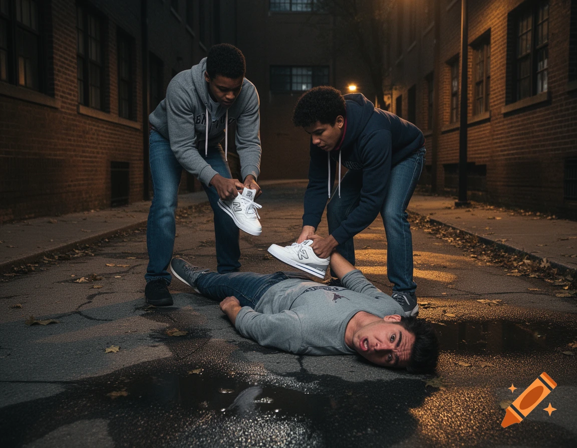 Two young men in hoodies and jeans rob a third man lying on his back on a wet urban street at night, taking his New Balance sneakers. Photorealistic.