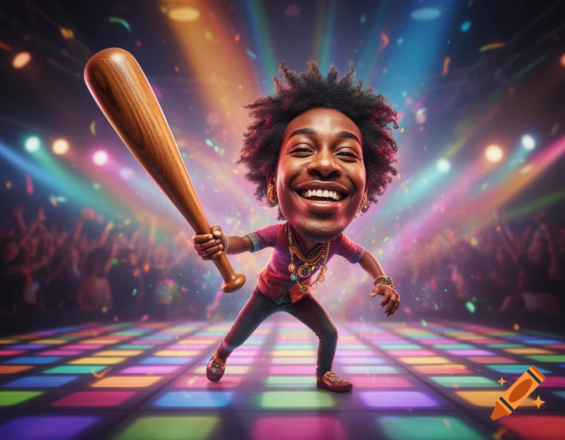 A vibrant cartoon caricature of a happy man with a big head and afro, holding a baseball bat on a colorful disco dance floor.