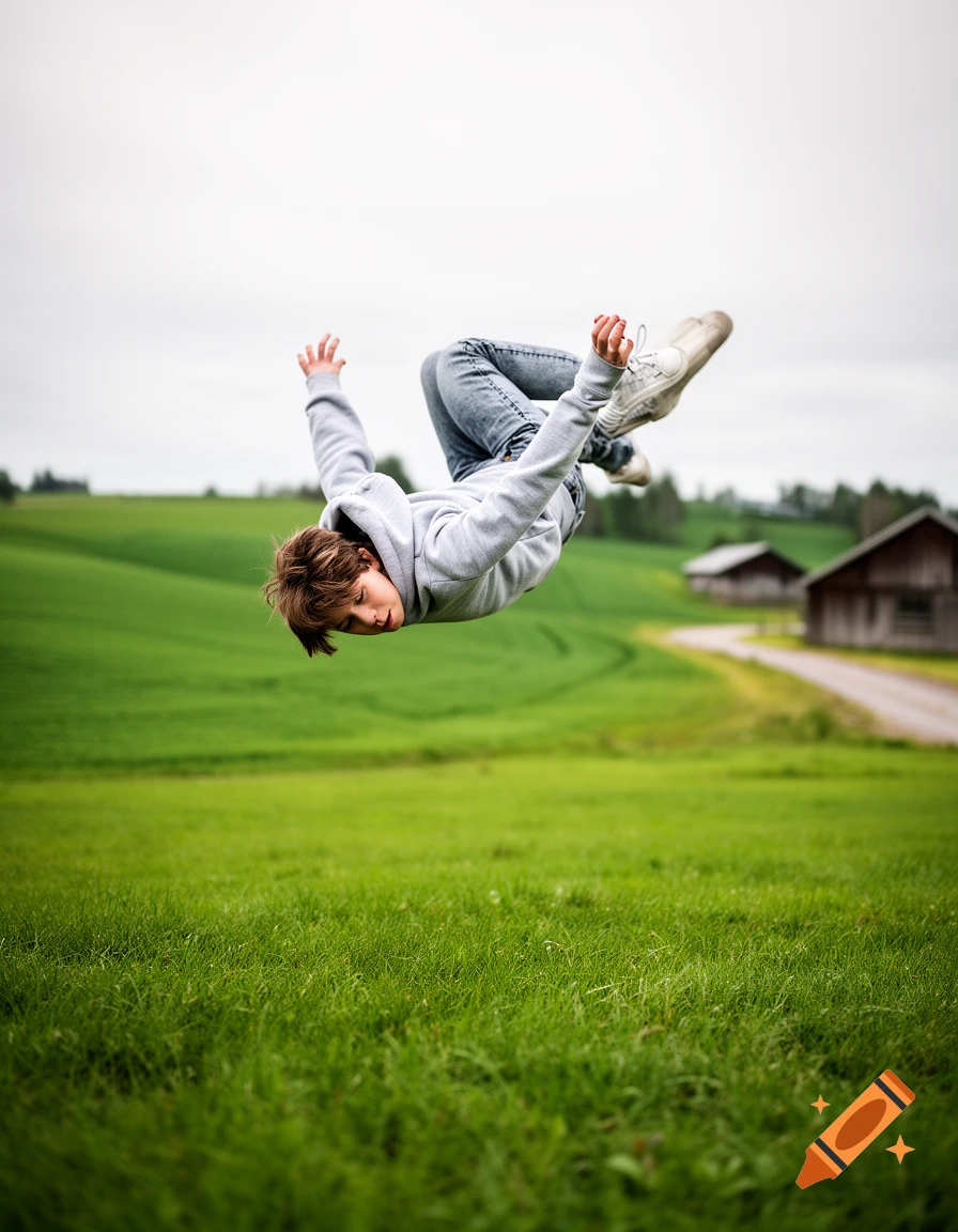 A young person in a grey hoodie and jeans floats mid-air doing a backflip over a lush green field with barns in the background.