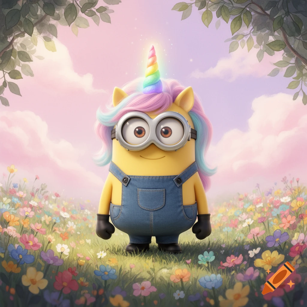A yellow minion with a rainbow unicorn horn and pastel mane, wearing denim overalls, stands in a vibrant flower field under a pink and purple sky.