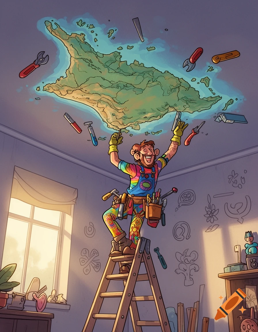 A cartoon man on a ladder happily installs a glowing, map-shaped ceiling representing Tasmania, surrounded by floating tools in a sunlit room.