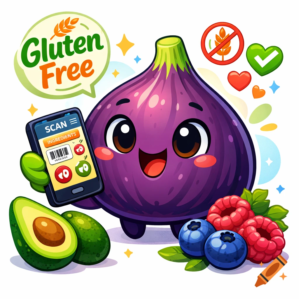 Cute cartoon purple fig mascot with 'Gluten Free' text, holding a phone scanning food labels, surrounded by avocado and berries.