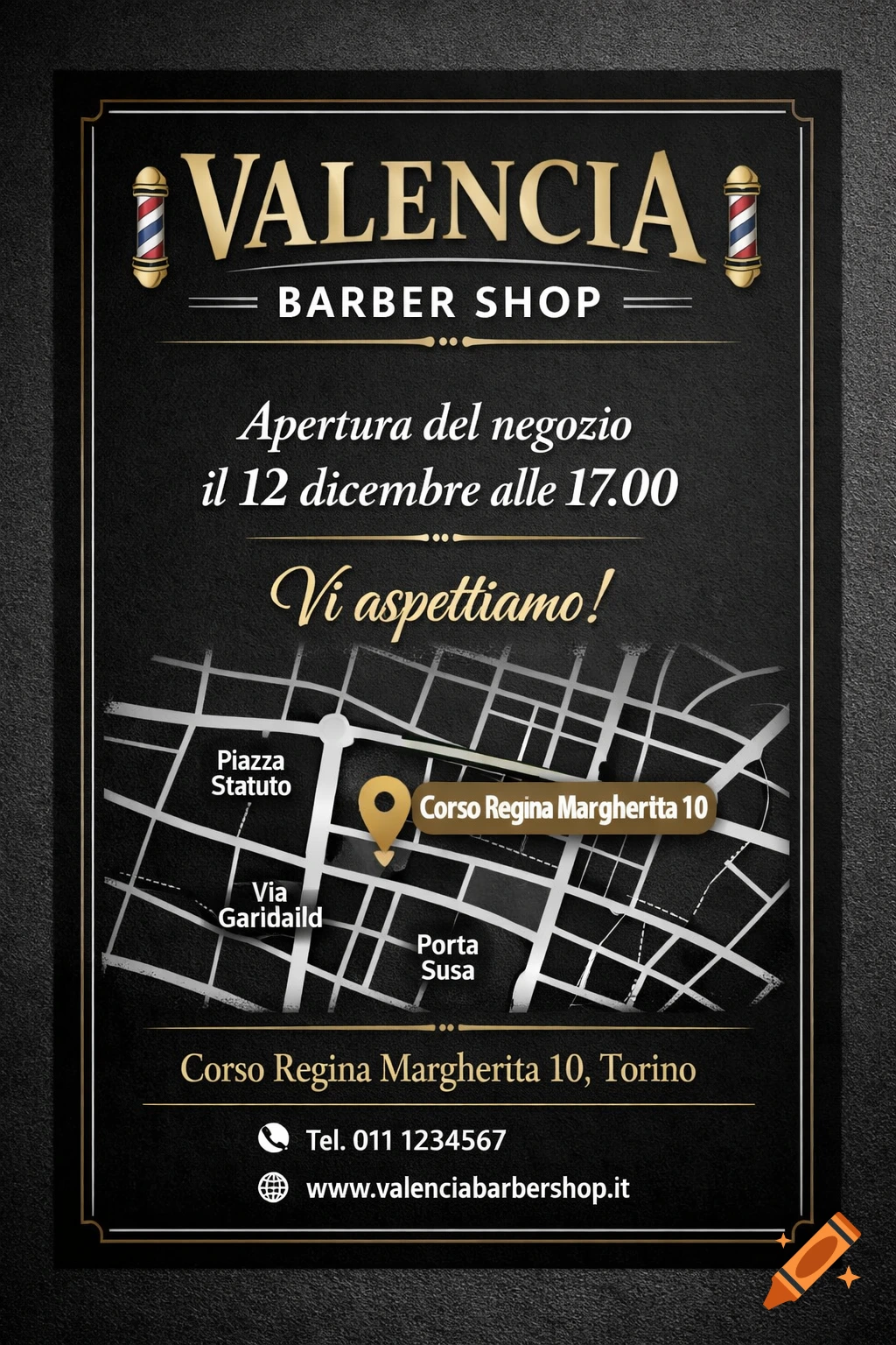 A black and gold flyer for Valencia Barber Shop's grand opening, featuring a map, contact details, and a barber pole illustration.