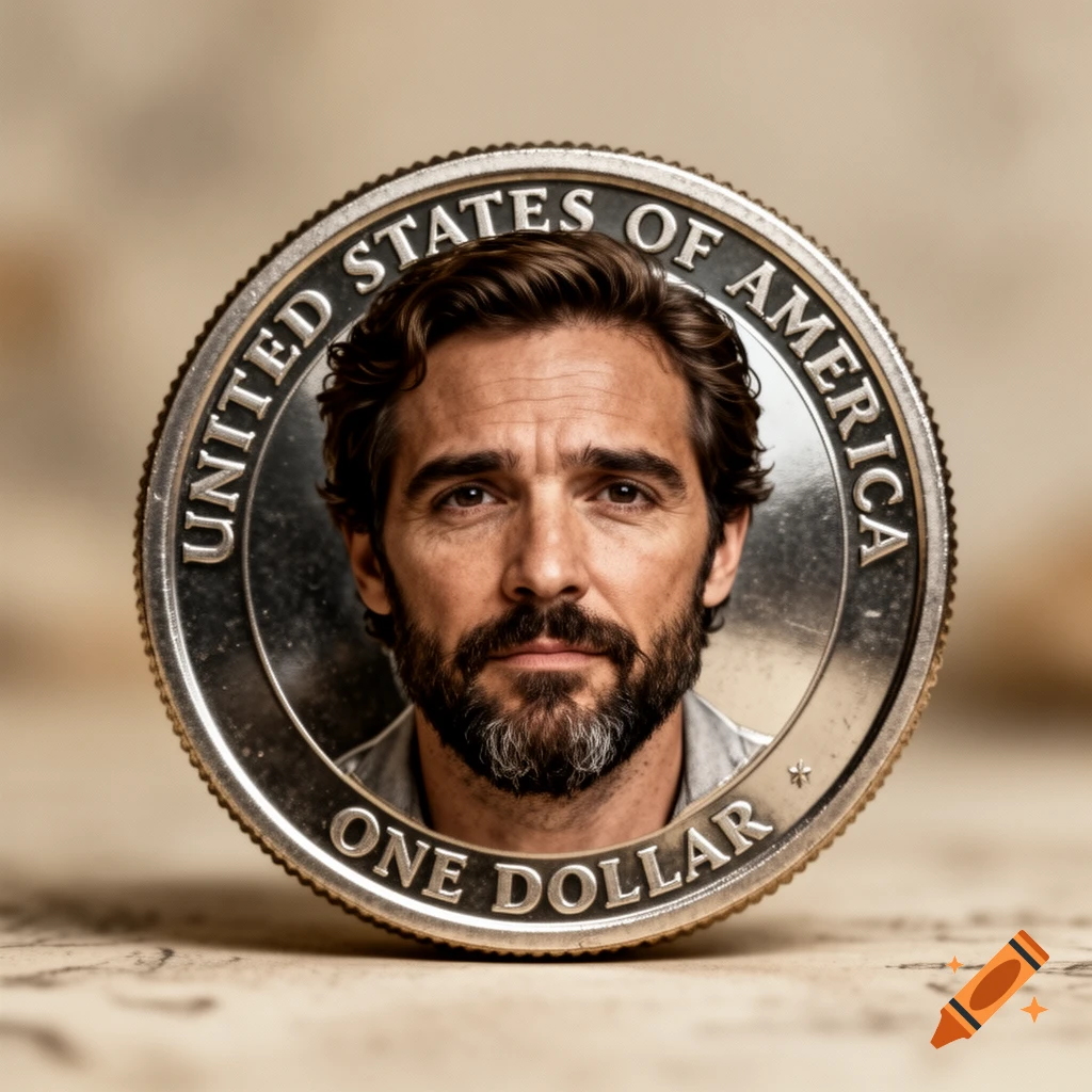 Photorealistic US dollar coin with a detailed portrait of actor Pedro Pascal in the center.