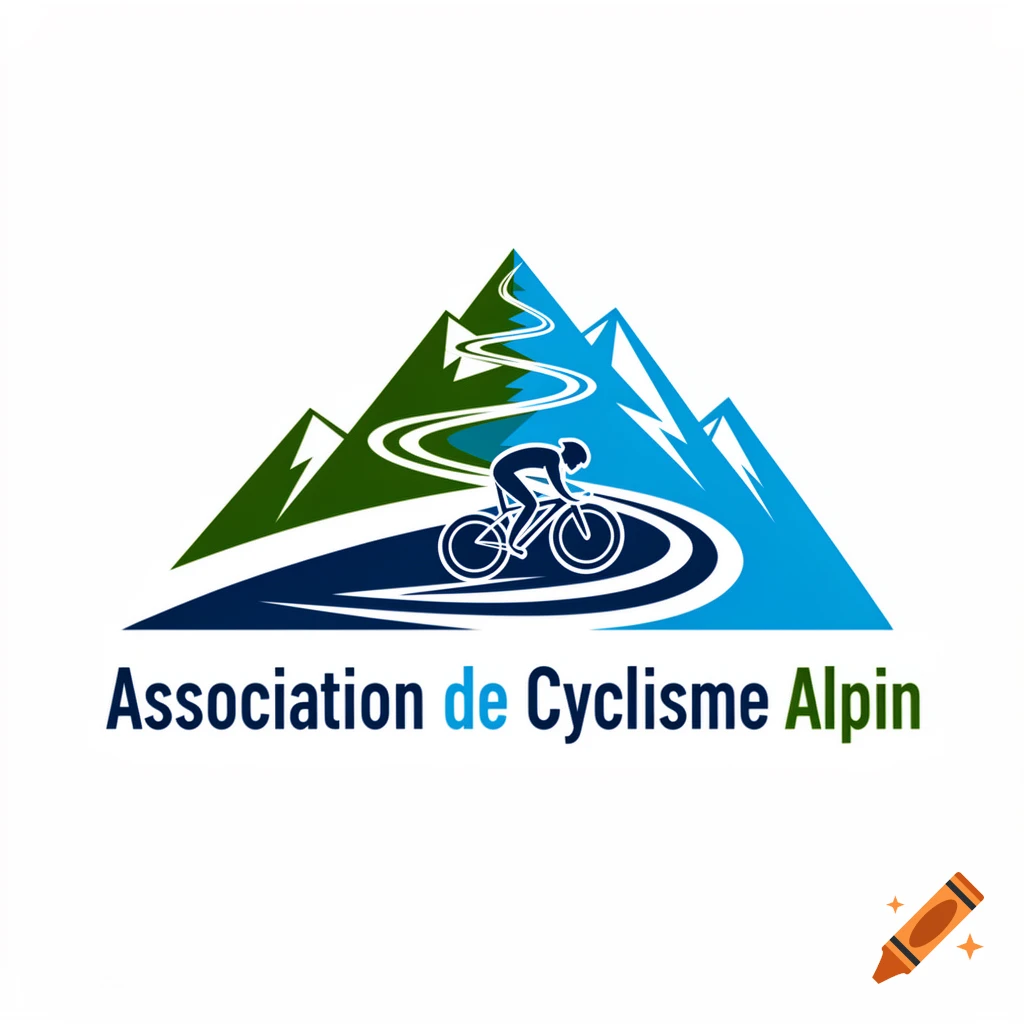Logo for 'Association de Cyclisme Alpin' featuring a cyclist on a winding path through stylized blue and green mountains.