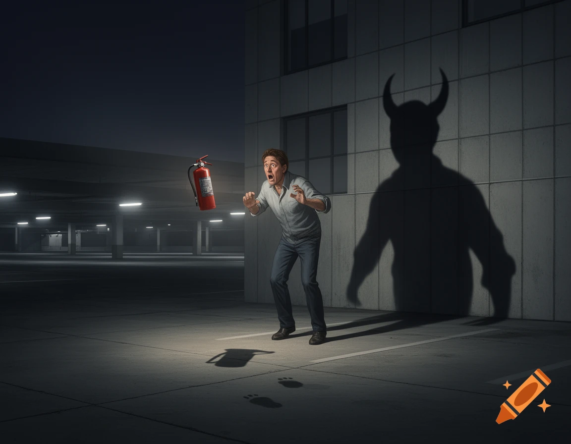 A scared man looks at a floating fire extinguisher in a dark parking garage, with a horned devil shadow on the wall behind him.