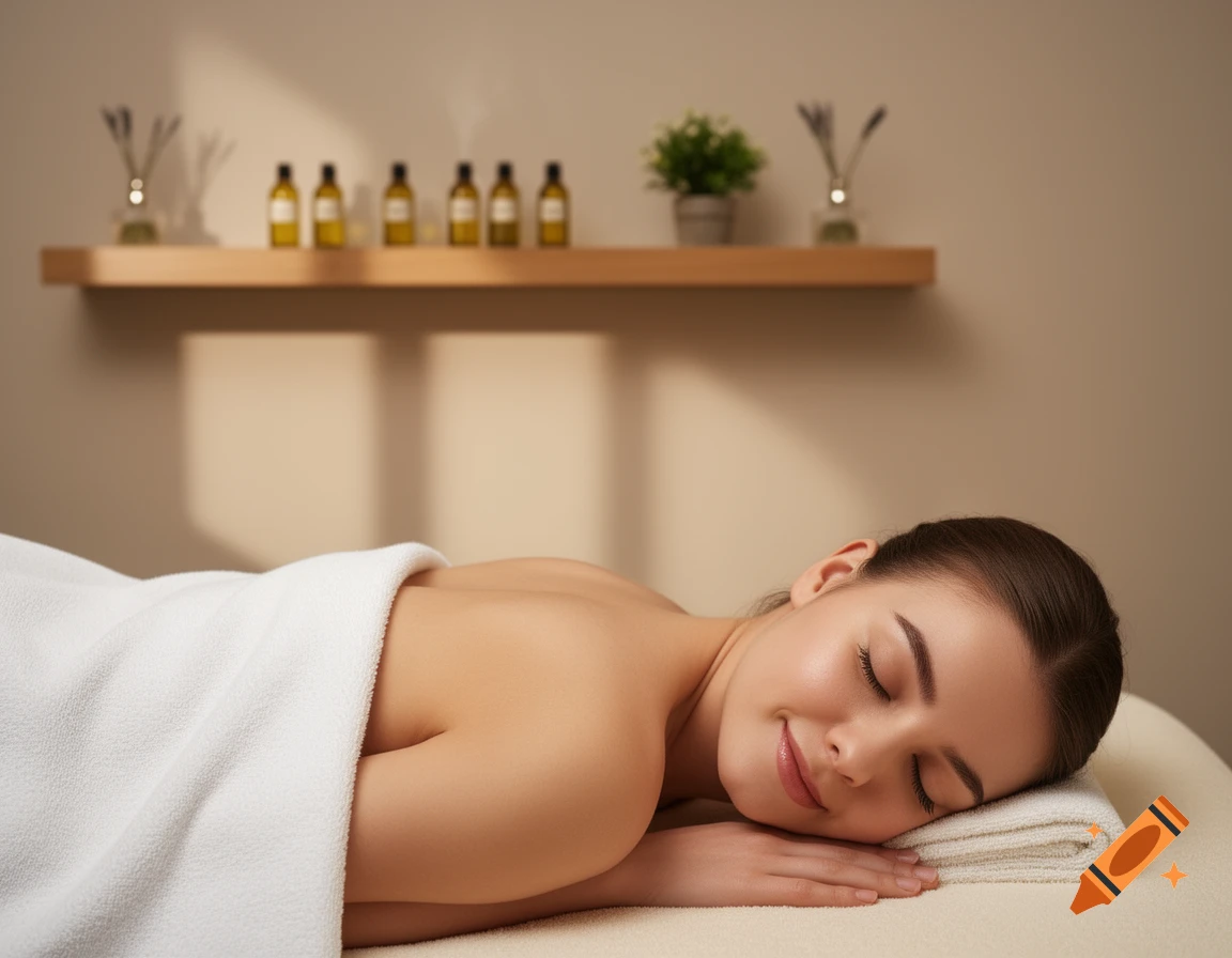 Photorealistic image of a woman relaxing on a massage table with closed eyes in a spa room with essential oils.