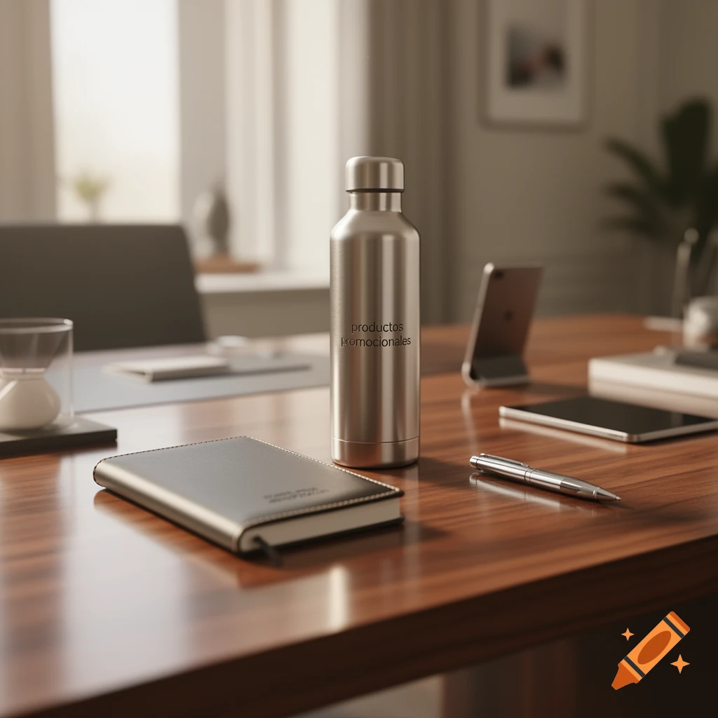 A silver water bottle with "productos promocionales" text, a notebook, and a pen on a wooden office desk.