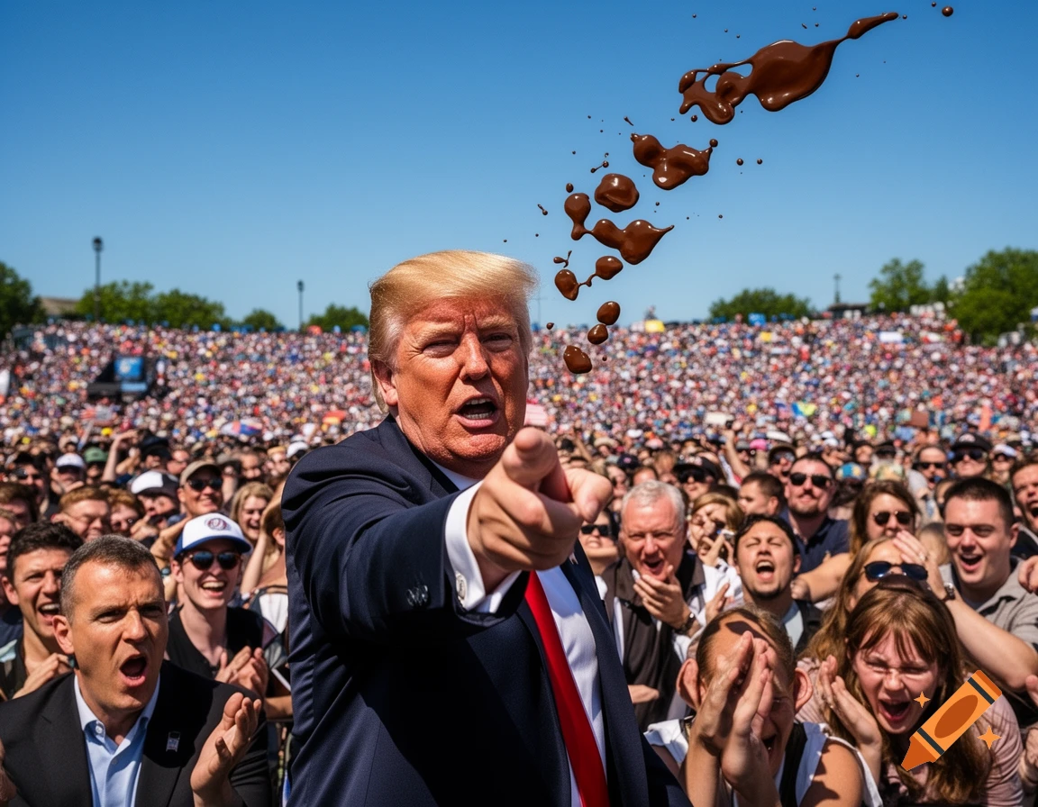 Photorealistic image of Donald Trump pointing to a large crowd as a brown liquid splashes in the blue sky.