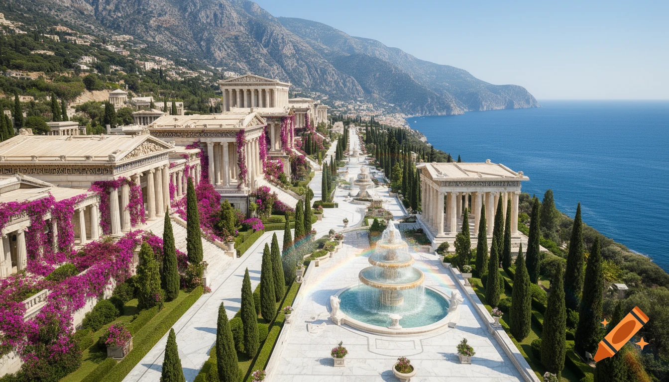 A photorealistic ancient Greek-style resort with marble buildings adorned in purple flowers, tiered fountains, and cypress trees, overlooking a blue sea and mountains.