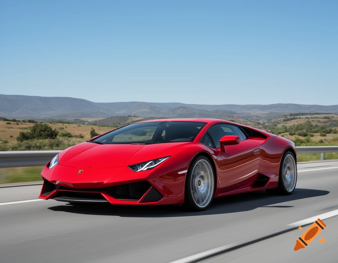 A red Lamborghini sports car drives on a highway under a clear blue sky, with mountains in the background.