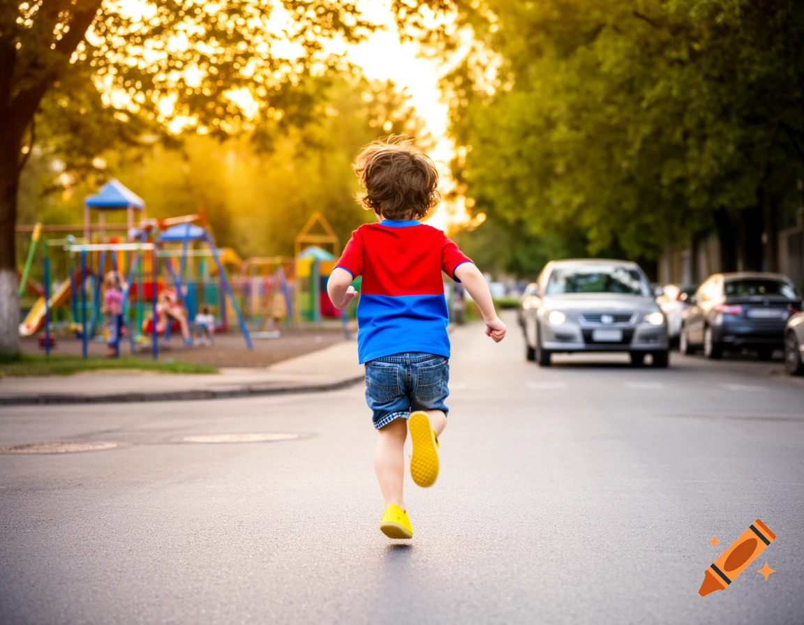A young child with curly hair, wearing a red and blue shirt, runs from a playground toward a street with cars at sunset.