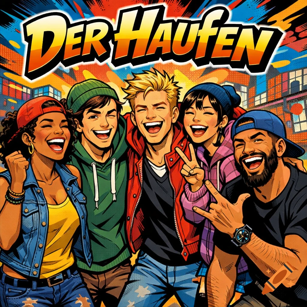 Five smiling young adults in a vibrant comic art style with the title 'Der Haufen' above them.
