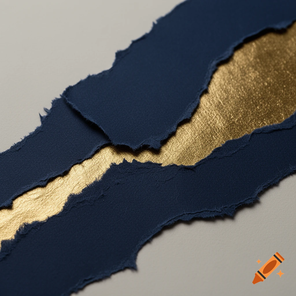 Torn navy blue paper layered over a textured gold surface, all on a light beige background.