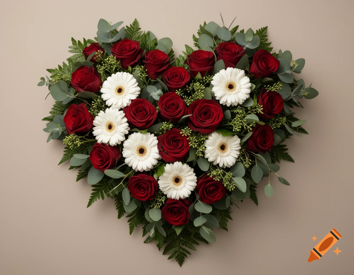 A heart-shaped floral arrangement made of deep red roses, white gerberas, and green eucalyptus and fern leaves, set on a neutral background.