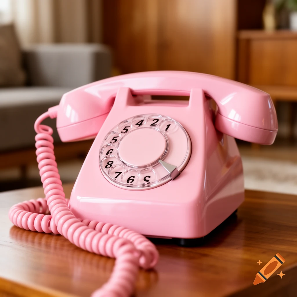 A close-up, high-angle shot of a bright pink rotary telephone with a coiled cord on a wooden table.
