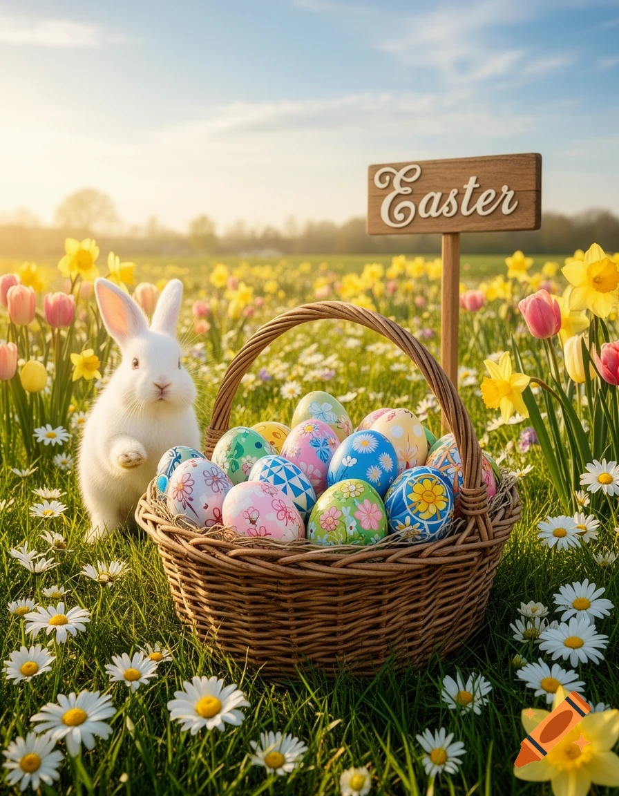 A white Easter bunny with a basket of colorful eggs in a sunny field of spring flowers, with an 'Easter' sign.