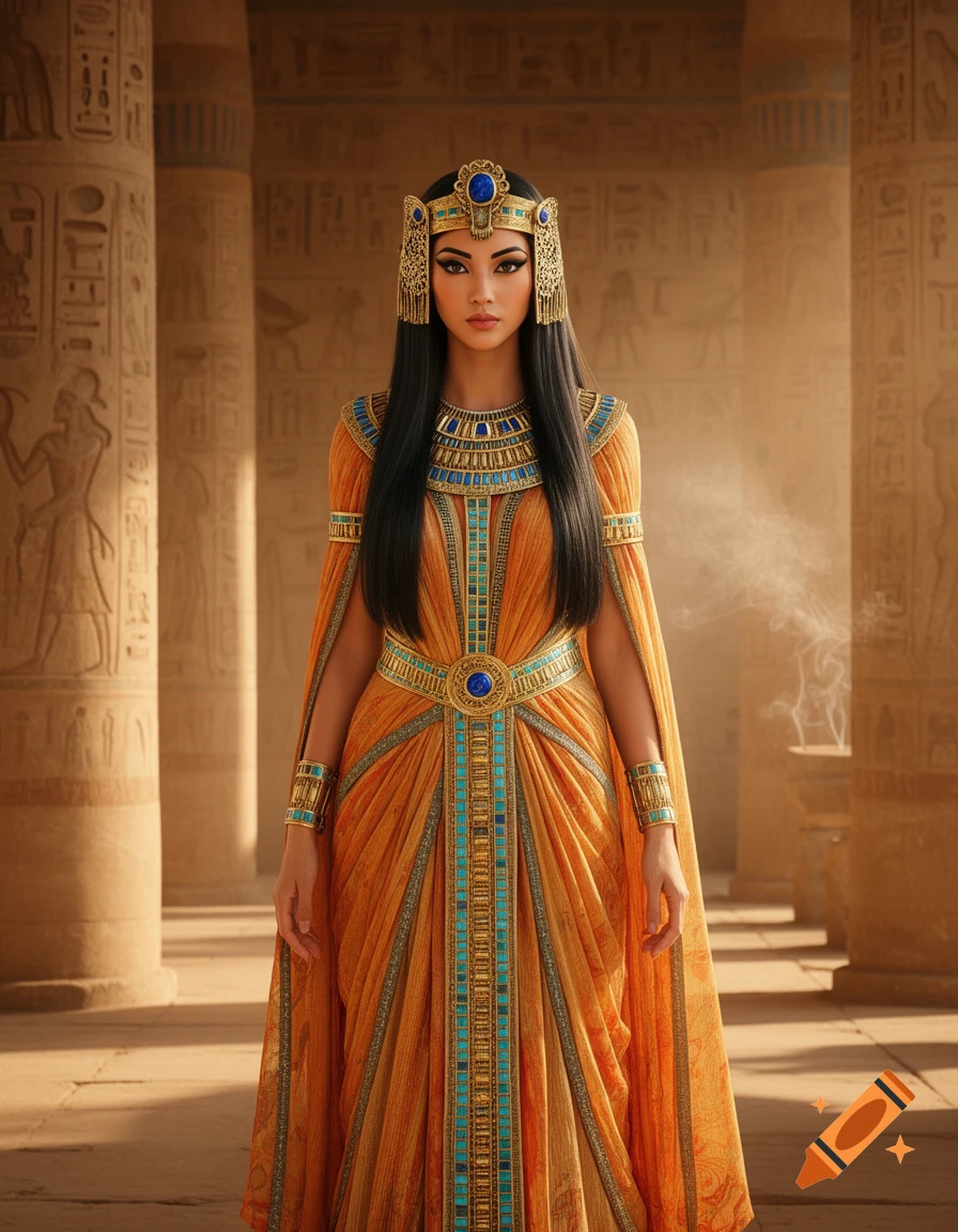 A photorealistic image of a woman dressed as an ancient Egyptian princess with a gold and blue headdress and ornate gown, standing between hieroglyphic pillars.
