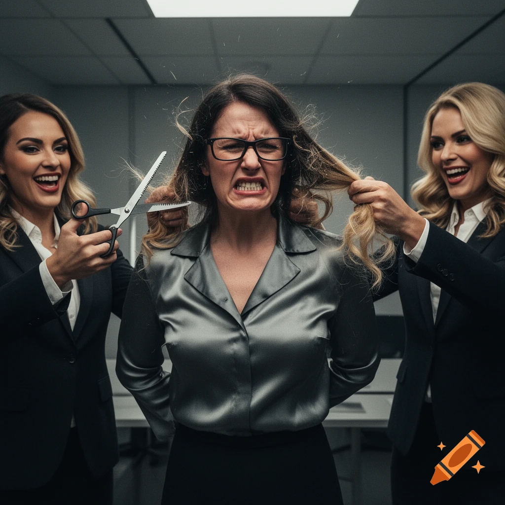 Two smiling businesswomen savagely cut the long hair of a grimacing woman in a gray blouse with serrated scissors, hair flying everywhere in an office.