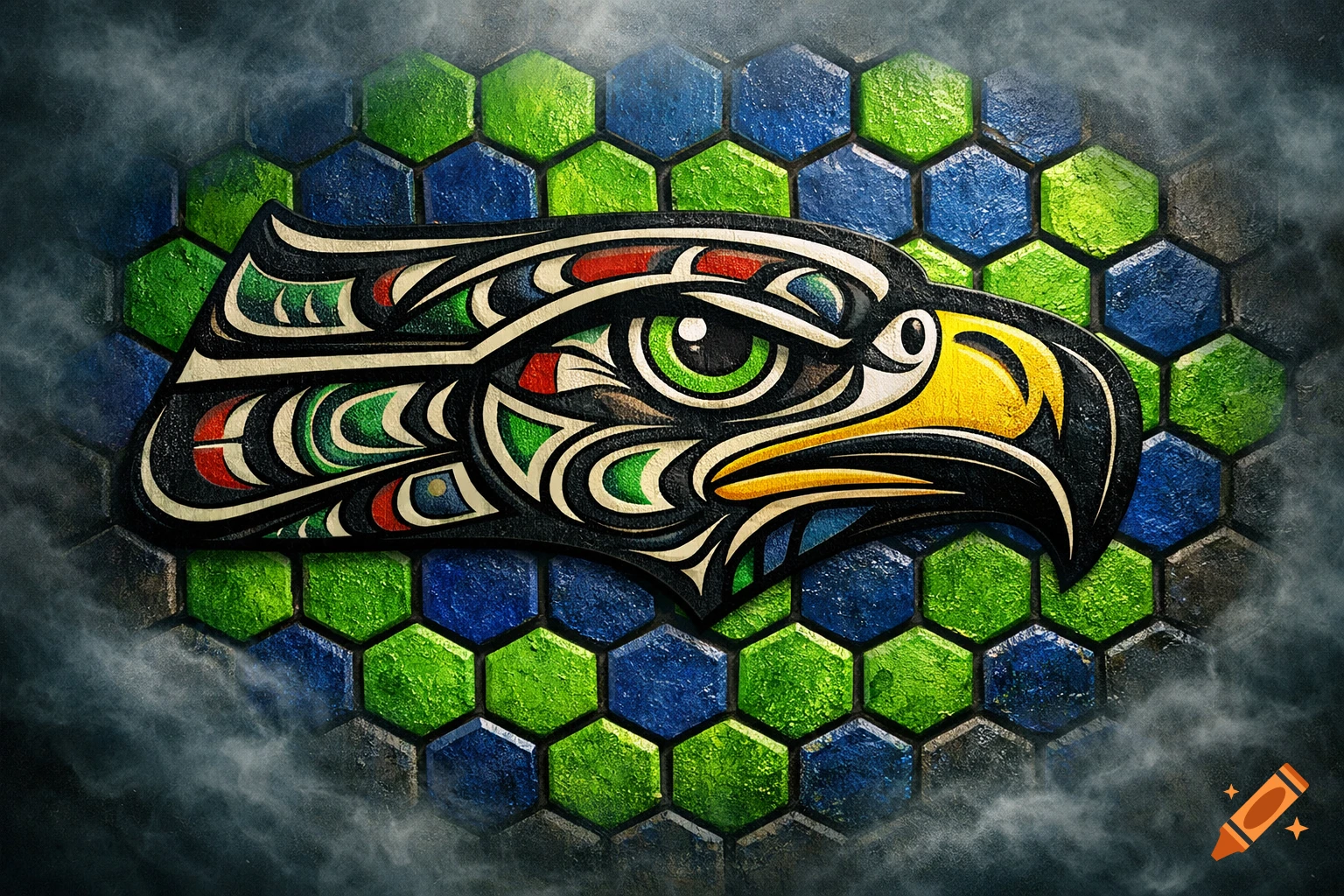 A stylized eagle head in Pacific Northwest Indigenous totem art style, with black, red, green, and yellow details, over a textured honeycomb pattern of alternating royal blue and bright green tiles.