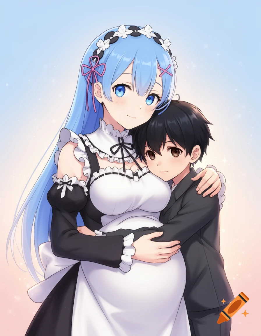Anime image of a pregnant maid with blue hair hugging a young dark-haired man.