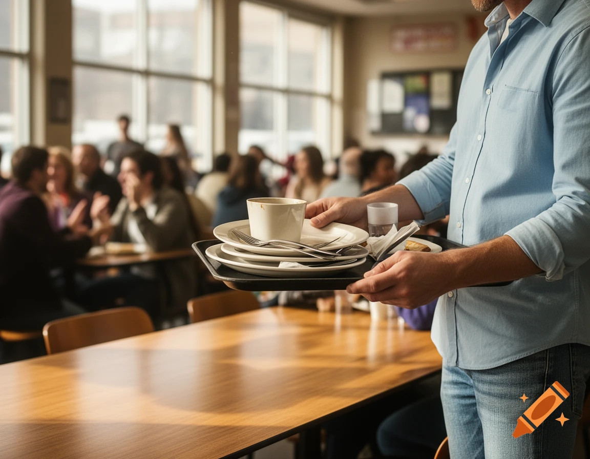 Photorealistic image of a person in a blue shirt holding a tray with dirty dishes in a busy cafeteria.