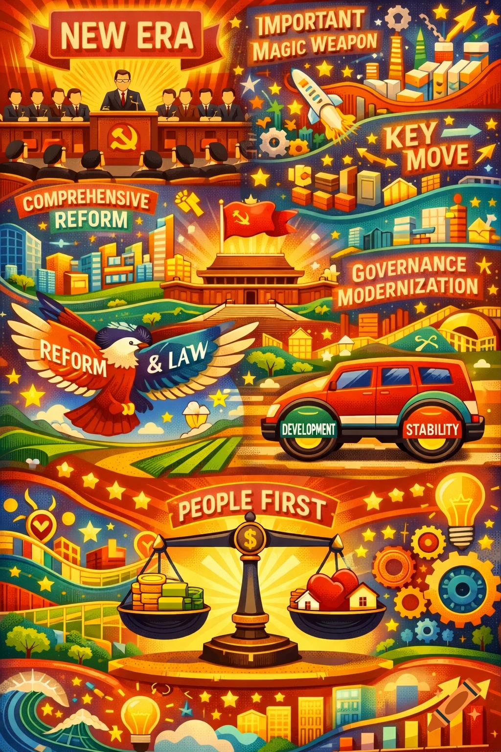 A vibrant, detailed propaganda-style illustration with text banners, showing scenes of government meetings, urban development, a soaring eagle, a car, and a balance scale.