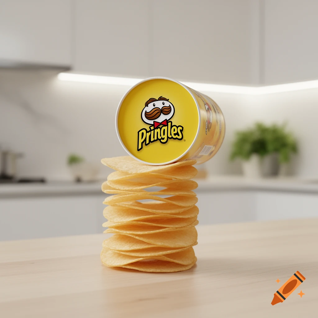 A yellow Pringles can balanced on a stack of Pringles chips on a wooden counter in a modern kitchen.