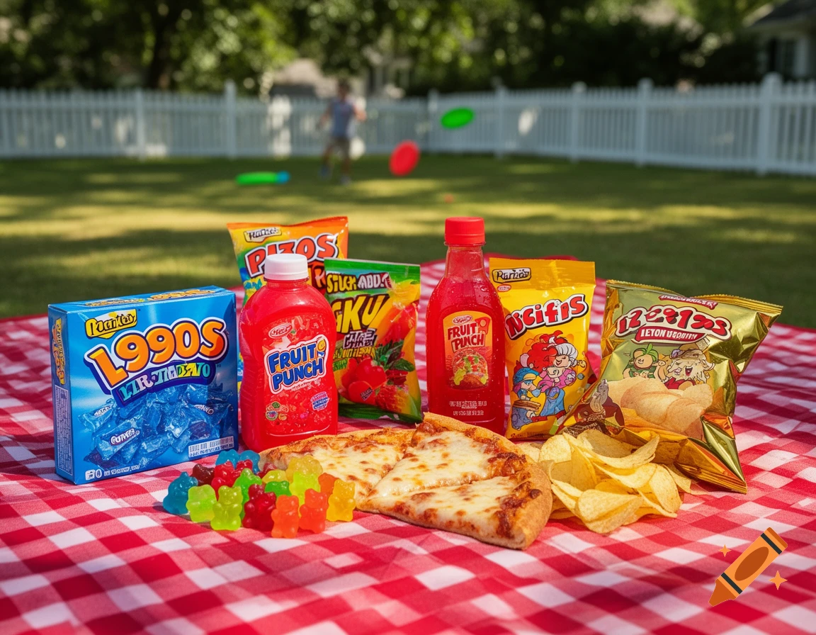 A picnic blanket with pizza slices, gummy bears, potato chips, and various bottled drinks and packaged snacks. A child plays in the grassy background.