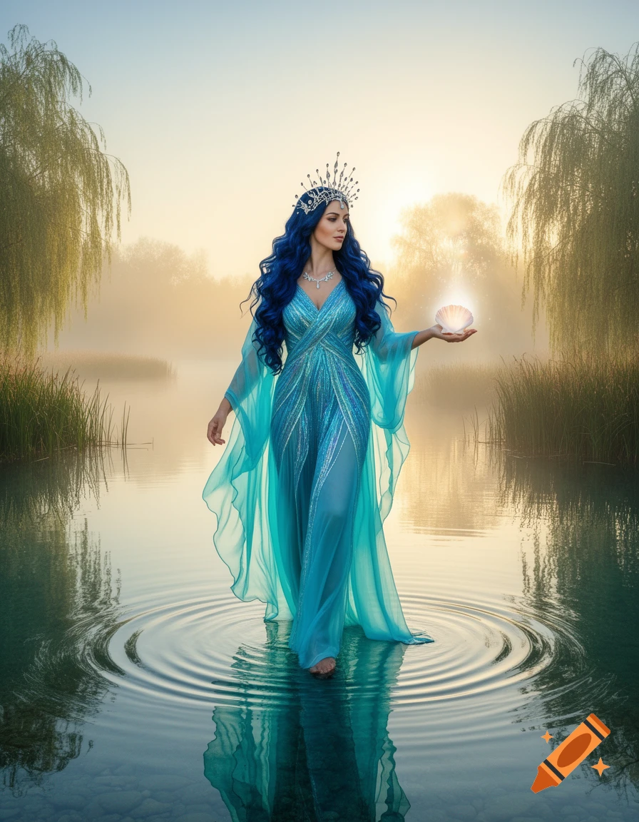 A majestic blue-haired goddess with a crown and flowing blue gown walks through misty water, holding a glowing seashell.