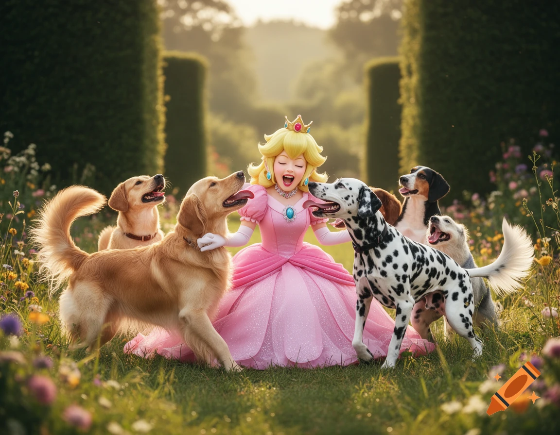 Princess Peach in a pink gown laughs while surrounded by several dogs in a lush, sunny garden.