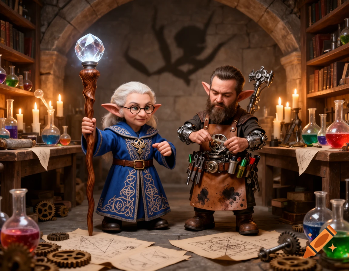 Two gnomes, a wizard with a glowing staff and an artificer tinkering, stand in a dimly lit, magical workshop filled with potions and gears.