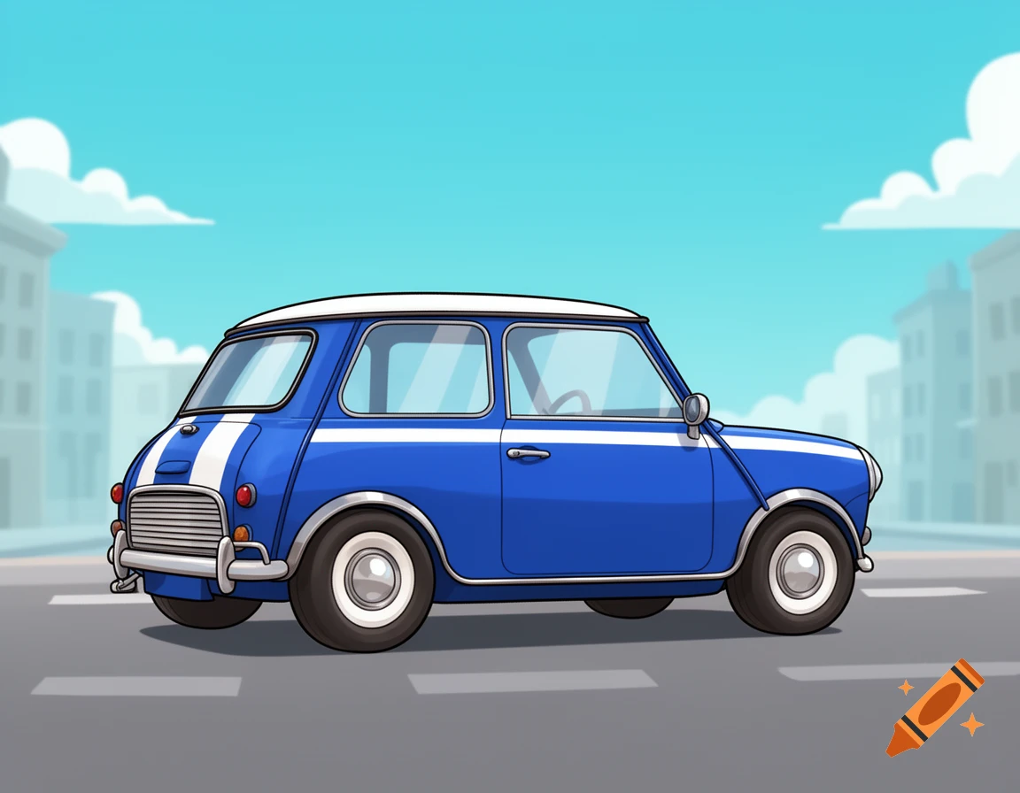 A blue and white first-generation Mini Cooper in cartoon style, parked ...