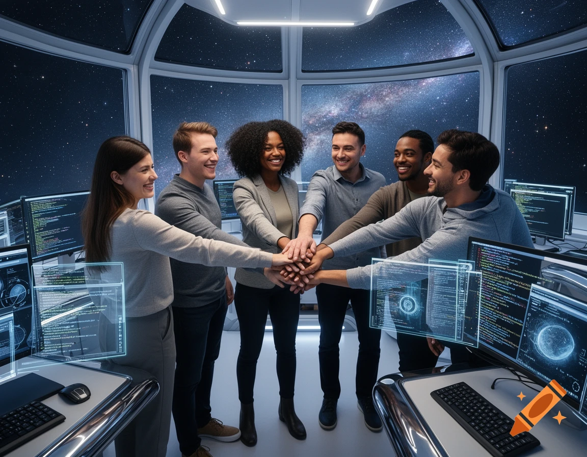 A diverse team of smiling software developers puts hands together in a futuristic space office with holographic screens, photorealistic.