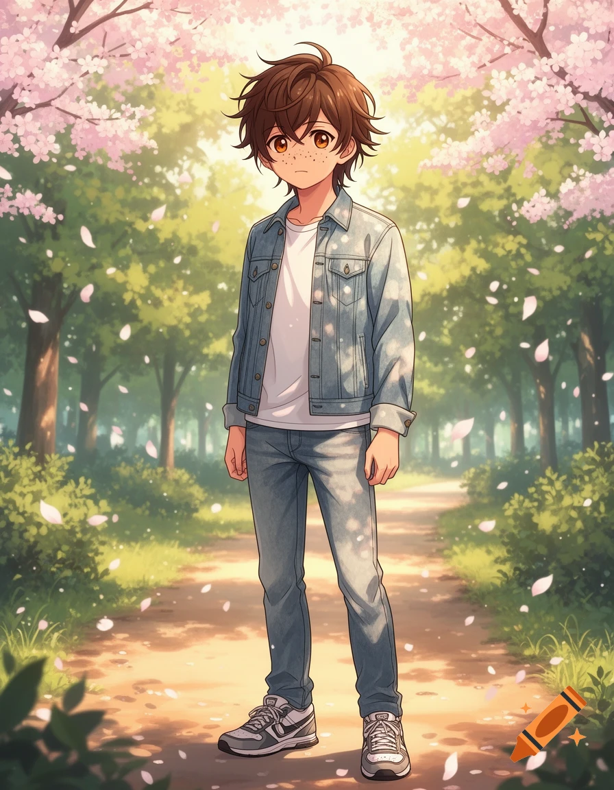 An anime boy with brown hair and freckles, wearing a denim jacket and ...