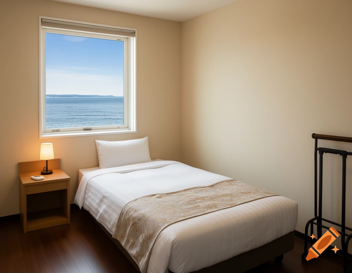 A clean, minimalist hotel room with a single bed, a nightstand with a lamp, and a large window overlooking the ocean.