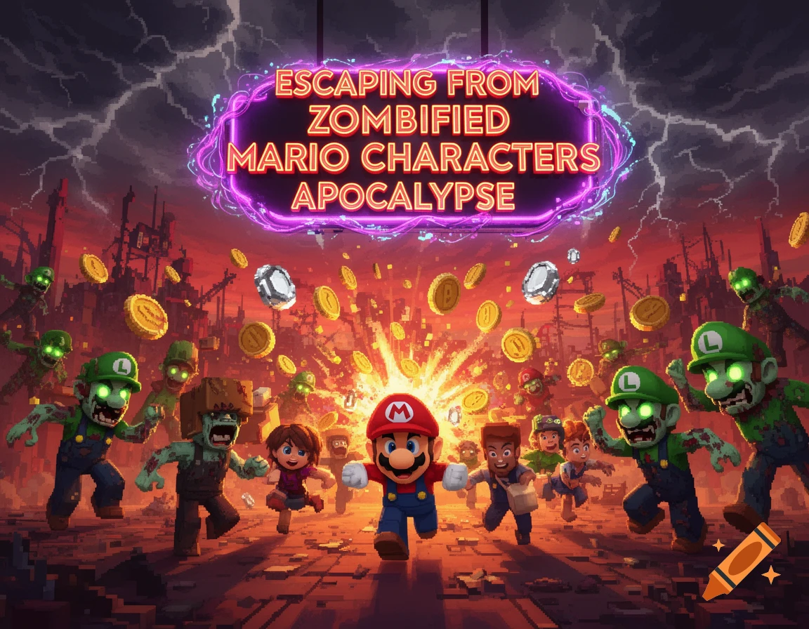 Mario and other characters run from zombified Luigi-like figures and other zombies in a pixelated apocalypse scene with coins and a neon sign.