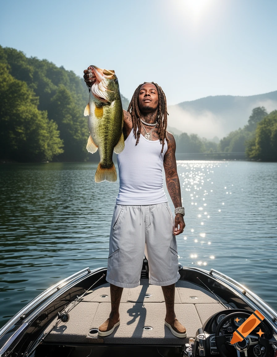 A man holding up a large bass fish while standing on a fishing boat in a calm lake with green mountains in the background under a sunny sky.
