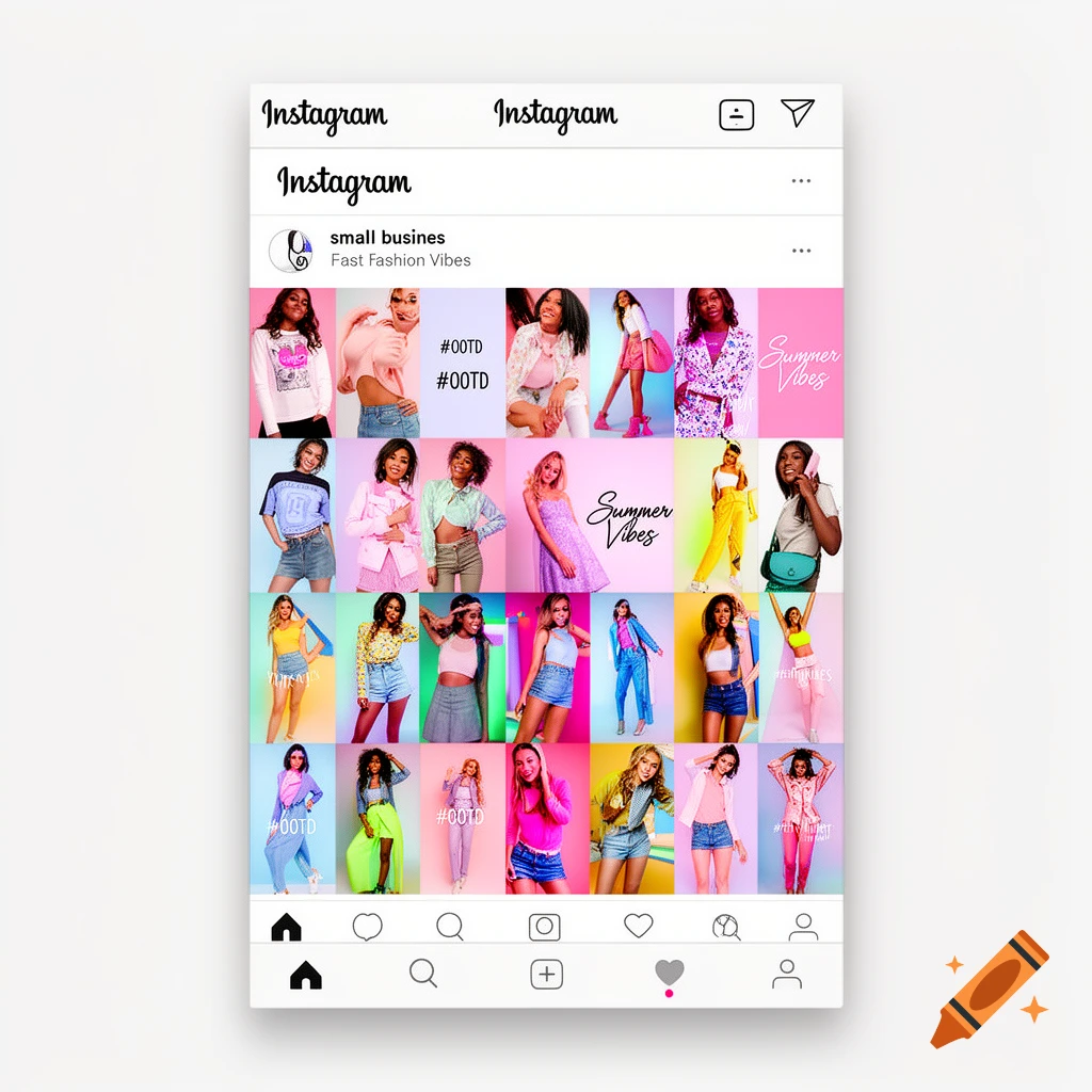 A mock Instagram feed for a fast fashion brand, showing a grid of diverse models posing in various colorful outfits.