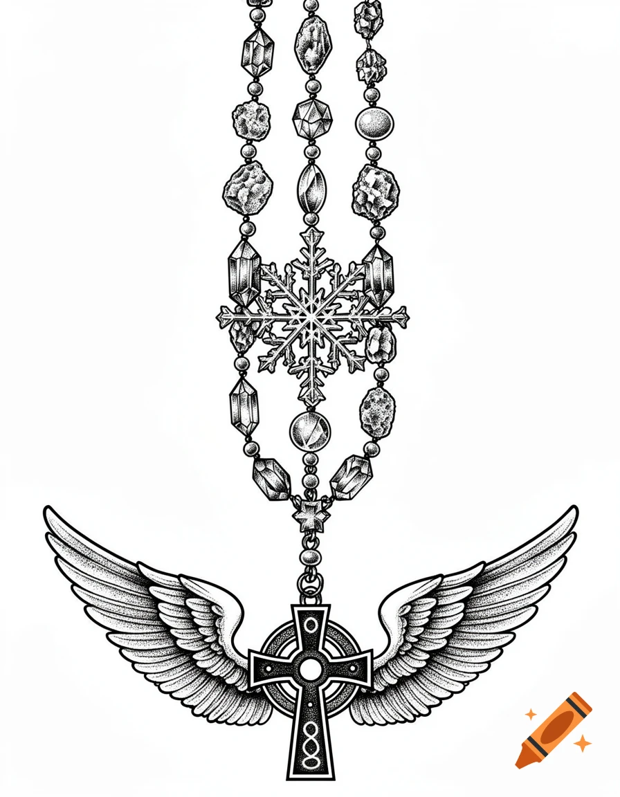 A black and white dotwork tattoo design of a rosary with crystals and a snowflake, leading to a winged Celtic cross on a white background.