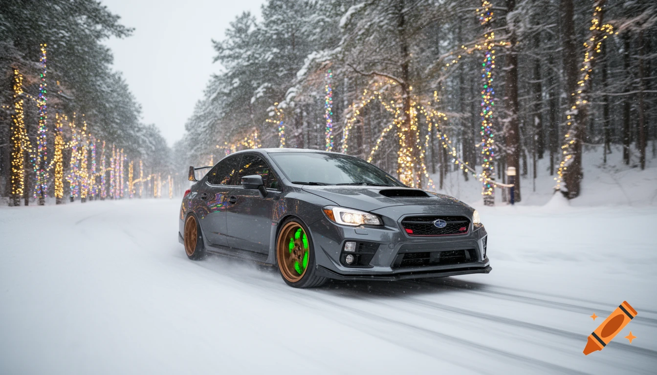 Dark grey Subaru STI with green brake calipers and bronze wheels on a snowy road lined with trees draped in Christmas lights.