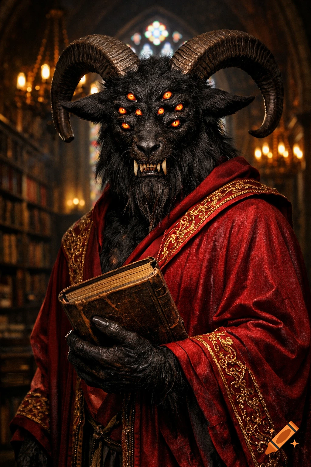 A black horned creature with eight glowing eyes and fangs, wearing a ...