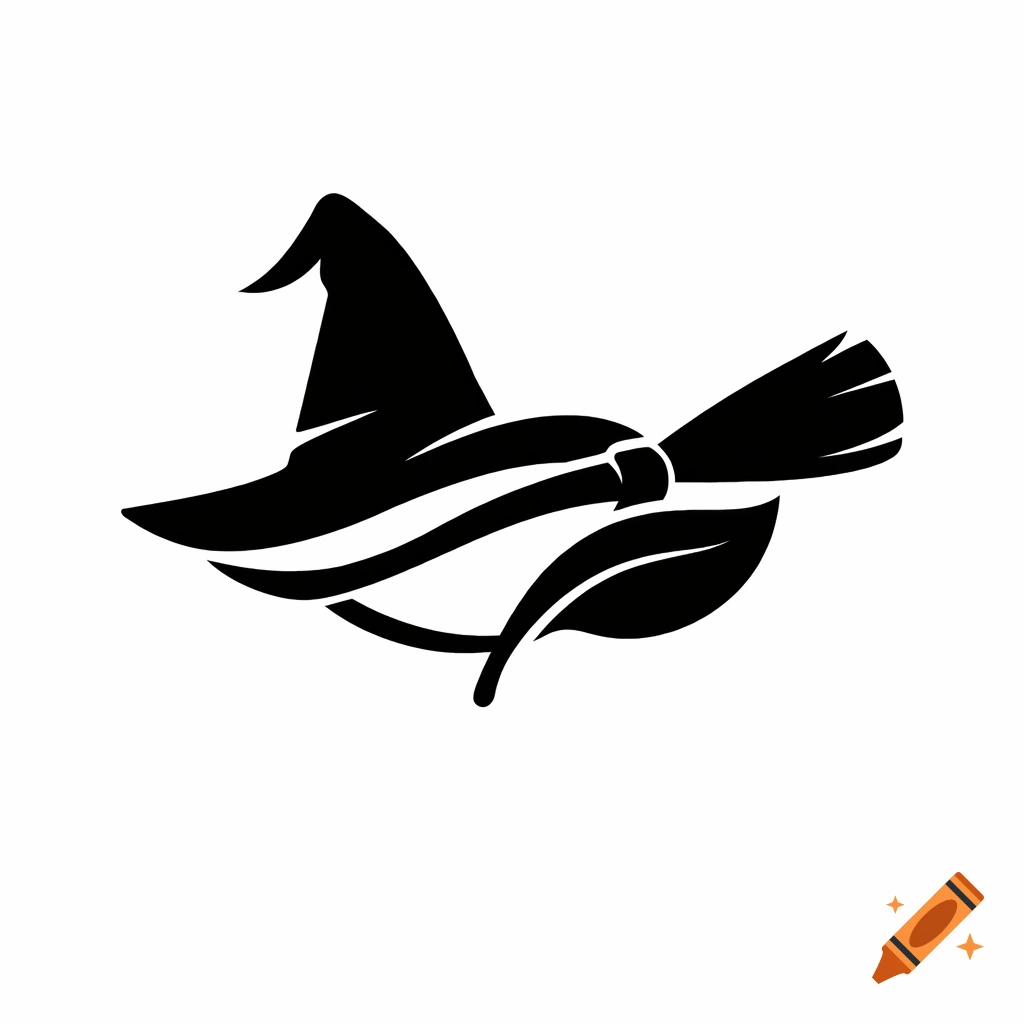 Black silhouette logo depicting a witch's hat, broom, and stylized leaves on a white background.