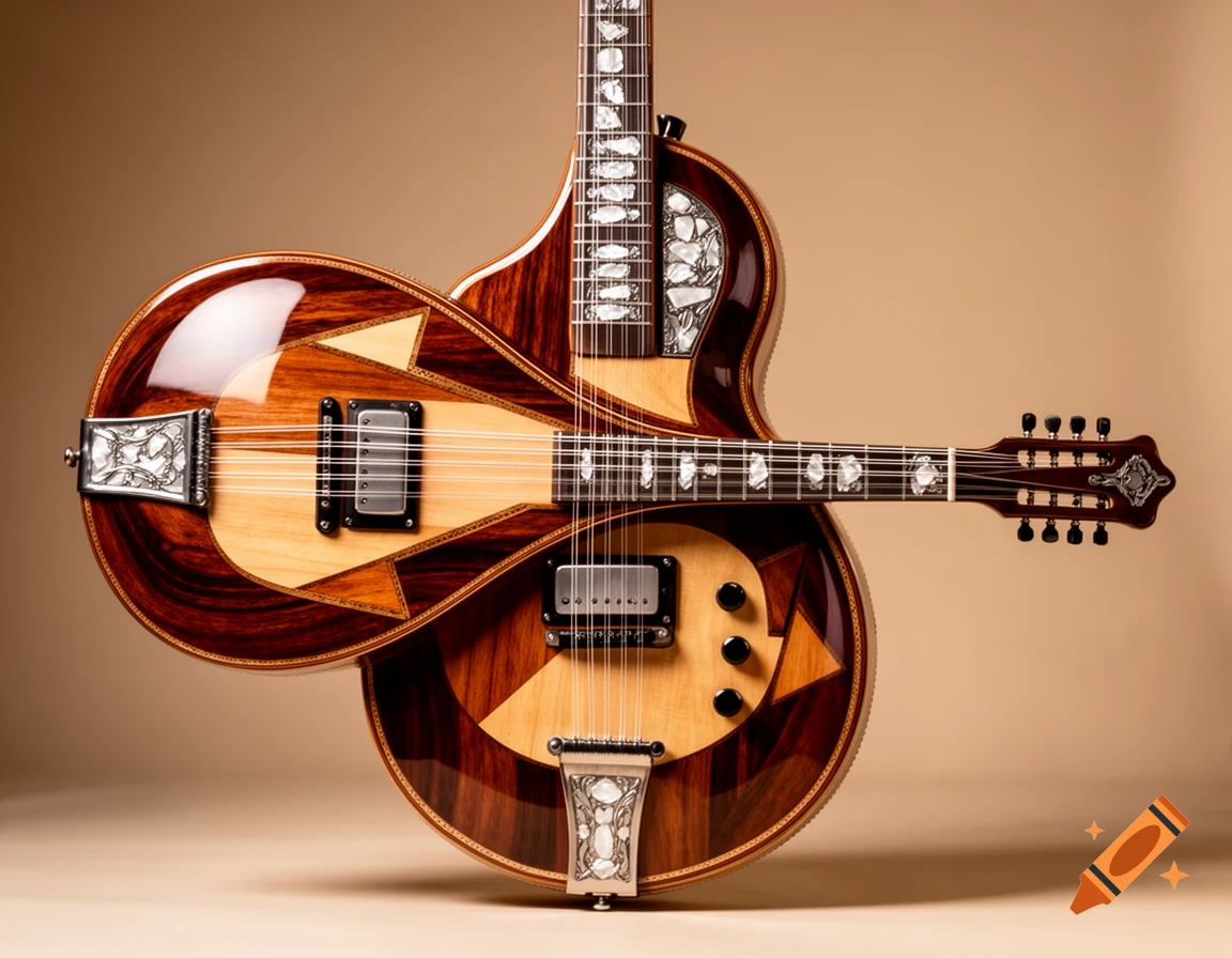 A detailed, shiny custom electric string instrument with dark and light wood, mother-of-pearl inlays, and ornate metal hardware.