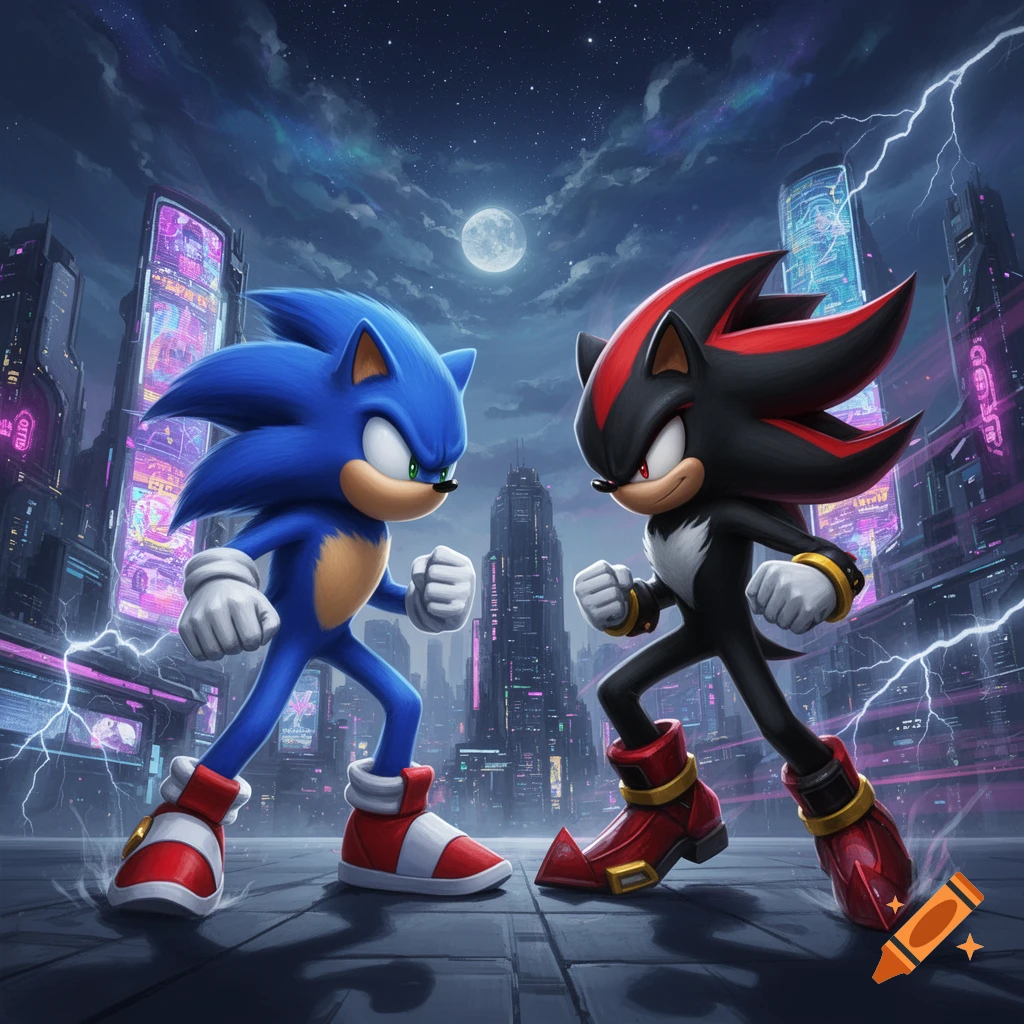 Sonic and Shadow face off against each other in a stylized futuristic city under a full moon.