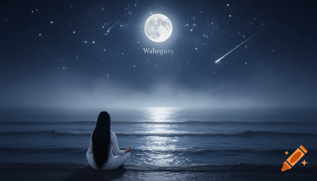 A woman meditates by the ocean at night under a full moon and a starry sky with 'Waheguru' in the stars.