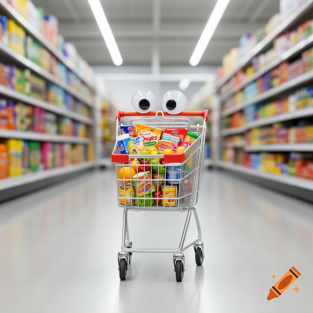 A shopping cart with googly eyes filled with groceries, positioned in the middle of a brightly lit supermarket aisle.