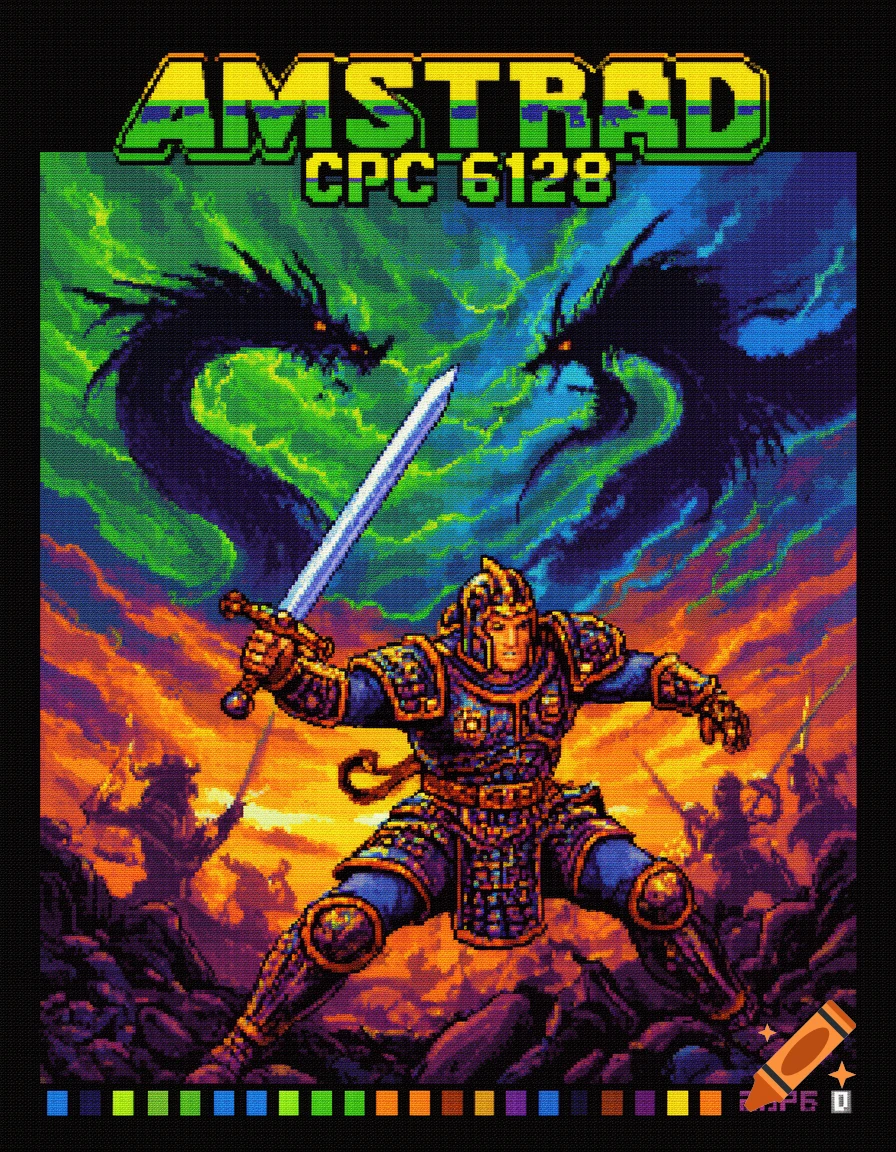 A pixel art image in Amstrad CPC 6128 style depicts a warrior in blue and gold armor holding a sword, with two dark dragons in a green sky above him. The background shows a fiery battle scene.