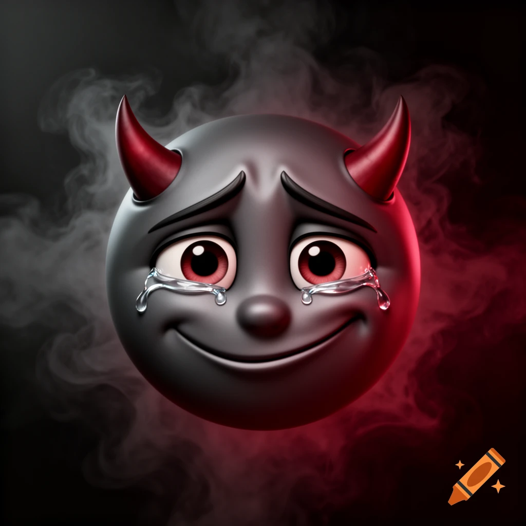 A 3D rendered crying devil emoji with red horns, red eyes, and a slight smile, surrounded by dark smoke and red light.